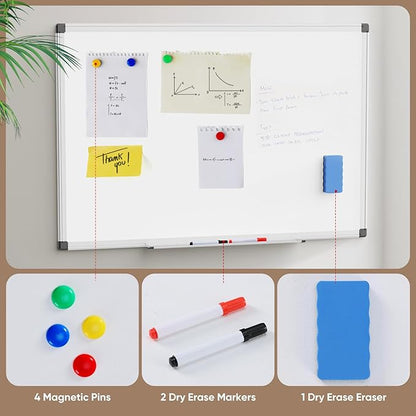 Sweetcrispy Magnetic Dry Erase Board, 36 X 24 Inches Whiteboard for Home Office School, Sliver Reinforced Aluminum Frame,1 Dry Eraser & 2 Dry Erase Markers & 4 Magnetic Pins