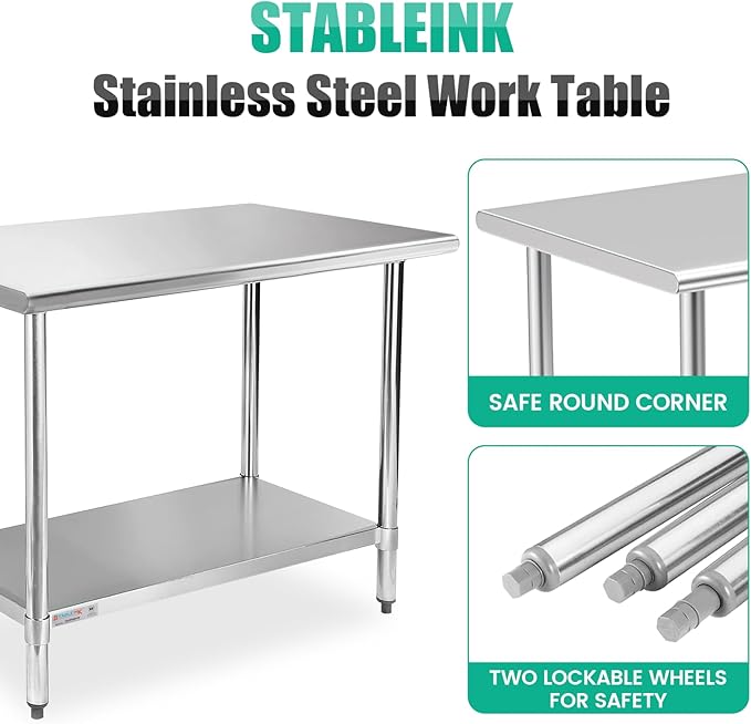 STABLEINK NSF Stainless Steel Table, 30 x 48 Inches Metal Prep & Work Table with Adjustable Undershelf, for Commercial Kitchen, Restaurant, Hotel and Garage