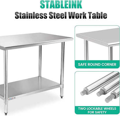 STABLEINK NSF Stainless Steel Table, 30 x 48 Inches Metal Prep & Work Table with Adjustable Undershelf, for Commercial Kitchen, Restaurant, Hotel and Garage