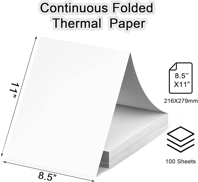 Thermal Printer Paper 8.5 x 11 Inch, 100 Sheets US Letter Size Thermal Paper, Compatible with M08F/A40 Thermal Portable Printer, Continual Feeding Folded Printing Paper (100 Sheets/Continuous Folding)