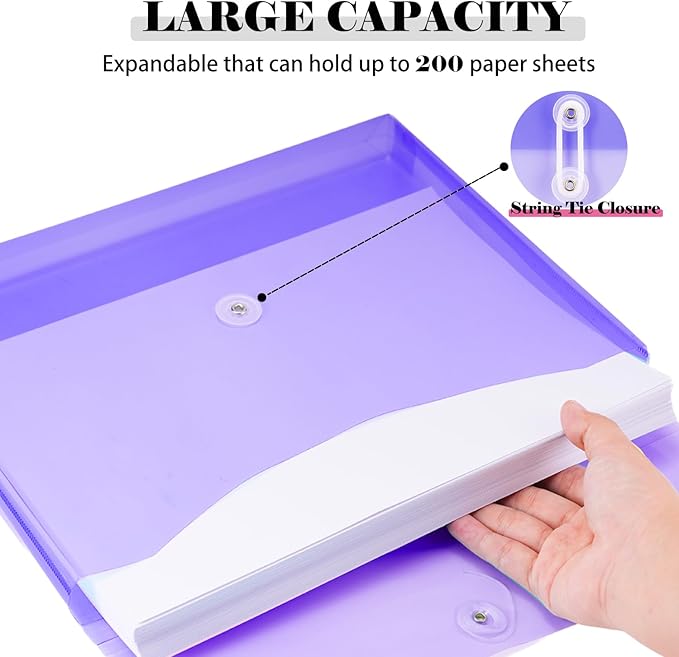 A4 Letter Size Plastic Poly Envelopes with Button and String Tie Closure, 1-1/4" Expansion Clear File Folders Side Loading Documents Organizer for Home School and Office Supplies (28)