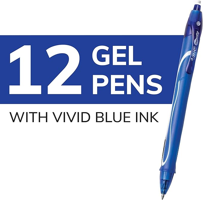 BIC Gelocity Quick Dry Blue Gel Pens, Medium Point (0.7mm), 12-Count Pack, Retractable Gel Pens With Comfortable Full Grip