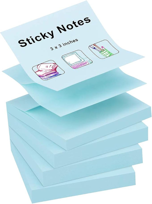 ZCZN 400 Sheets Pop-up Sticky Notes, 3 x 3 Inches, 4 Pads Bright Color Self-Stick Notes, 100 Sheets/Pad, Light Blue