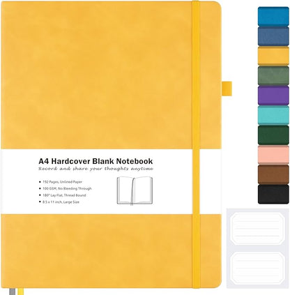 Blank Notebook, Hardcover Sketch Book, 8.5" x 11" Large Blank Journal, No Bleed Thick Paper Sketchbook for Drawing, Unlined Notebook Journal for Women Men, A4 Leather Sketchbook, Lay Flat, Yellow