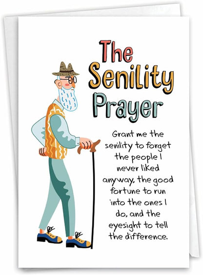 NobleWorks - 1 Funny Happy Birthday Notecard - Old Man Humor Greeting Card with Envelope - Man's Senility Prayer C9348BDG