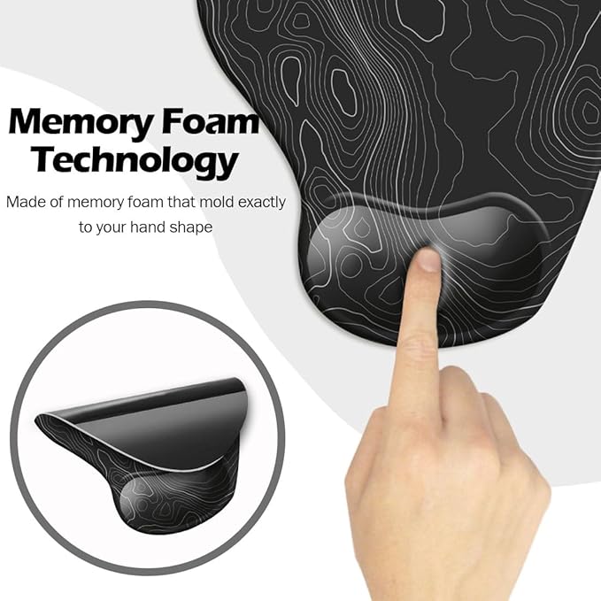 DOOKE Ergonomic Mouse Pad with Wrist Support and Coaster,Mouse Pads with Non-Slip PU Base for Home Office Working Studying Easy Typing & Pain Relief Topographic Contour Black