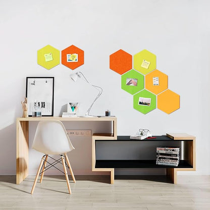 12" Large Bulletin Board with 30 Push Pins, Pack of 8 Hexagon Felt Pin Board Notice Boards for Home Office Kitchen, Felt Wall Tiles for Photos Memos (Green Yellow)
