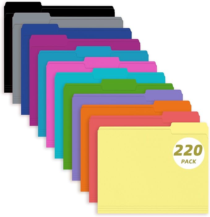 File Folder, PANDRI 220 Pack Colored File Folder, 1/3 Cut Tab, Letter Size, Assorted 12 Colors Filing Folder for Office School Business
