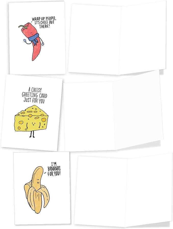 The Best Card Company - 10 Funny Assorted Blank Humor All Occasions Notecards Boxed Set 4 x 5.12 Inch w/Envelopes Cute Word Play for Men, Women (10 Designs, 1 Each) - Fun Puns M2975OCB