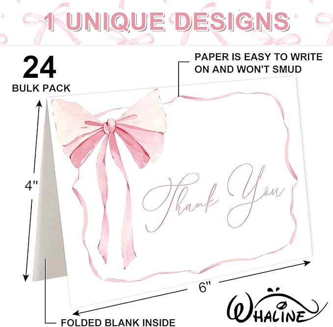 Whaline 24 Pack Pink Bow Thank You Cards Coquette Bow Greeting Cards with Envelopes Stickers Blank Note Cards for Wedding Bridal Baby Shower Birthday, 4 x 6 Inch