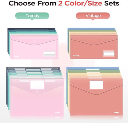 Sooez 10Pack Envelopes, Clear Folders for Documents, Trendy Colors, Super Heavyweight Plastic Document Holders, Storage Pouches, File Envelopes for School & Office Supplies