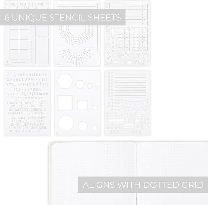 ZICOTO Ultimate All-in-One Journaling Kit - Incl. Journal Notebook With Linen Hardcover and Dotted Pages, Stencils, Stickers, Washi Tapes, Paper Clips and More Bullet Checklist Supplies