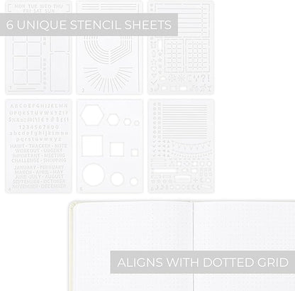 ZICOTO Ultimate All-in-One Journaling Kit - Incl. Journal Notebook With Linen Hardcover and Dotted Pages, Stencils, Stickers, Washi Tapes, Paper Clips and More Bullet Checklist Supplies