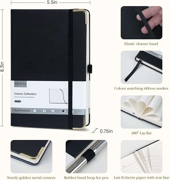 A5 Lined Journal Notebook - 100 GSM Thick Paper, Hardcover Journaling Notebook for Writing, Work, Travel, School, College Ruled Journal for Women and Men, PU Leather Note Book, 5.5”x8.3”- Black