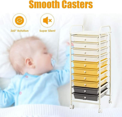 Storage Cart, Rolling Utility Cart with 10 Drawers, Portable Handles & Lockable Wheels, Mobile Paper Toys Storage Organizer Large Capacity for Home Office School Teacher (Yellow)