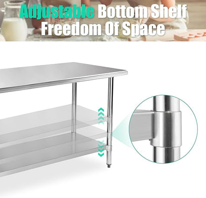 STABLEINK NSF Stainless Steel Table, 30 x 60 Inches Metal Prep & Work Table with Adjustable Undershelf, for Commercial Kitchen, Restaurant, Hotel and Garage