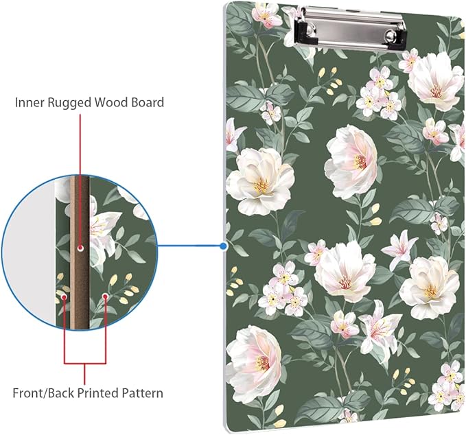 WAVEYU Cute Hardboard Office Clipboard, Clipboard with Low Profile Clip Designed for Students Classroom School and Office Use, Green Flower(12.5"x9")
