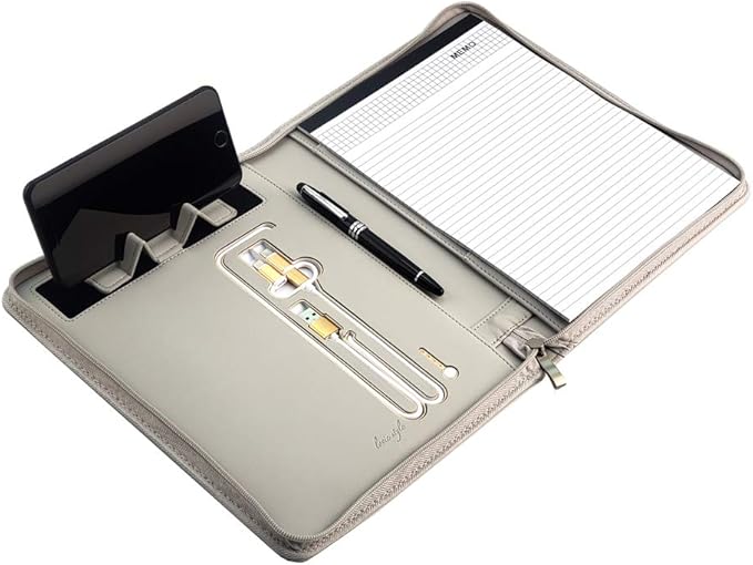 Phone Charging Business & Travel Portfolio w/Built-in Power Bank- Zipper Closure & Refillable Pad- Professional Organizer Padfolio That Charges Phones/Tablets on The Go (Gray)