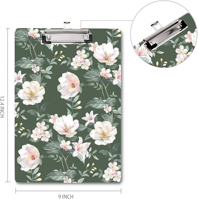 WAVEYU Cute Hardboard Office Clipboard, Clipboard with Low Profile Clip Designed for Students Classroom School and Office Use, Green Flower(12.5"x9")