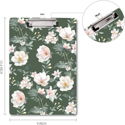 WAVEYU Cute Hardboard Office Clipboard, Clipboard with Low Profile Clip Designed for Students Classroom School and Office Use, Green Flower(12.5"x9")