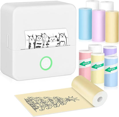Mini Thermal Printer, Portable Mini Printer with 10 Rolls Paper, Sticker Printer Machine, Study Printer for Notes, Photos, Journals, DIY, Mini Pocket Printer Compatible with Android & iOS