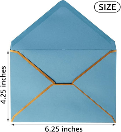 50 Pack A4 Envelopes Dusty-Blue 4x6 Envelopes Self-Adhesive V Flap Envelopes with Gold Border for Office, Wedding Gift Cards, Invitations, Graduation, Baby Shower, Parties (4.25x6.25 inches)