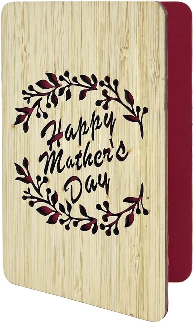 Mother's Day Gifts Card from Daughter or Son,Unique Card for Mum, Handmade Bamboo Wood Greeting Cards,Wooden Mother's Day Card,Laurel mom