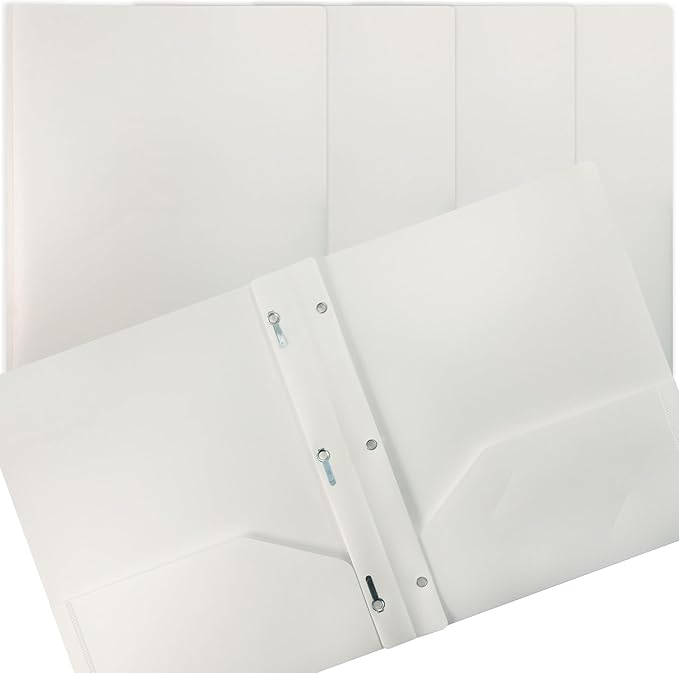 Better Office Products White Plastic 2 Pocket Folders with Prongs, 24 Pack, Heavyweight, Letter Size Poly Folders with 3 Metal Prongs Fastener Clips, White