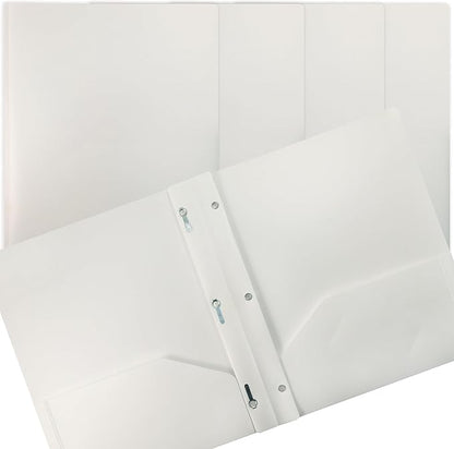 Better Office Products White Plastic 2 Pocket Folders with Prongs, 24 Pack, Heavyweight, Letter Size Poly Folders with 3 Metal Prongs Fastener Clips, White