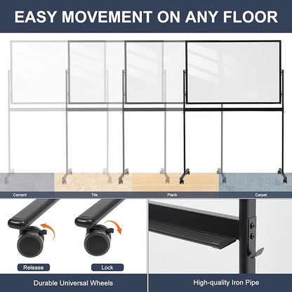 Mobile Clear Glass Whiteboard on Wheels - TANKEE 48" x 32" Dry Erase Board with Stand, Large Rolling White Board with 25 Sheets Paper Pad, Transparent Tempered Glass Board for Office Home School