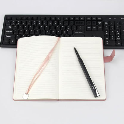 A5 Hard Cover Notebook with Pen Holder, Gold Edges & 180° Lay Flat - Large 5x8.25 Lined, Bookmark, Gift Box - Durable Journal for Office, Study, Travel - Writers, Students (Pink)