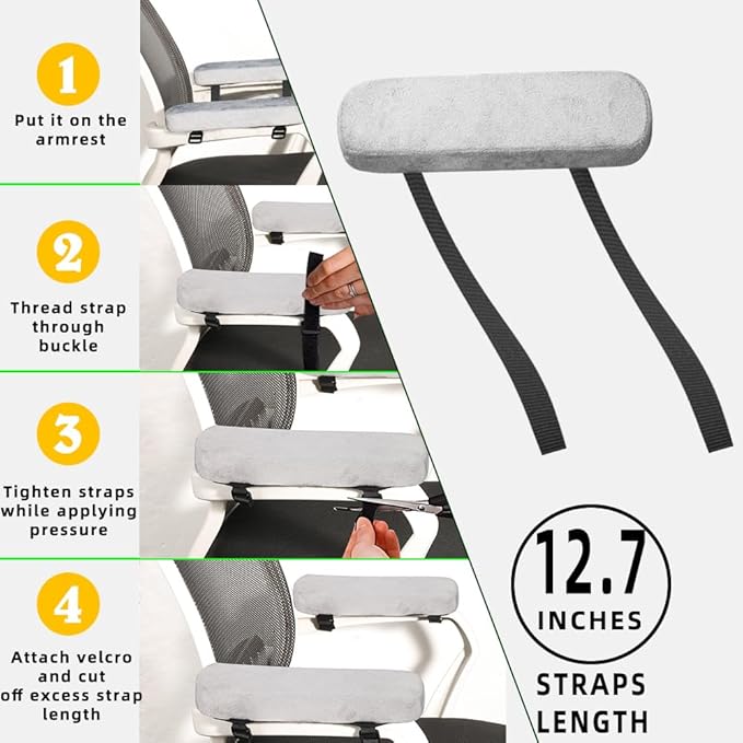 Office Chair Armrest Pads Covers with Memory Foam Elbow Pillow for Forearm Pressure Relief, Arm Rest Covers for Office Chairs, Wheelchair, Comfy Gaming Chair（Grey)