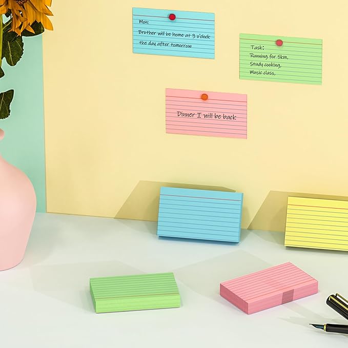 Colored Index Cards 4x6 Inch - Ruled Index Flash Cards for Studying, Lined Index Note Cards 4" x 6" with Colorful, Colored Flashcards 4x6 Notecards 3 Pack of 38 - Pink, Green, Blue, Yellow