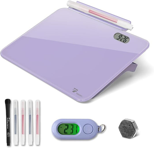 Small Glass Desk Whiteboard Dry-Erase Board with Clock, Small Travel Clock Keychain with Desk Notepad, Time Table Whiteboard for Desk Digital LED Light Display, 8x6 in with Accessories, Purple