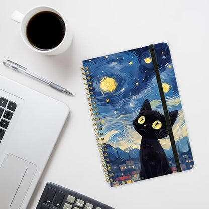 Spiral Notebook - A5 Spiral Notebooks, 8.3'' × 5.8'', 160 Pages, Aesthetic Journaling Notebooks for Women, College Lined Notebook with Elastic Closure, Back Pocket, for School Office, Cat Sky
