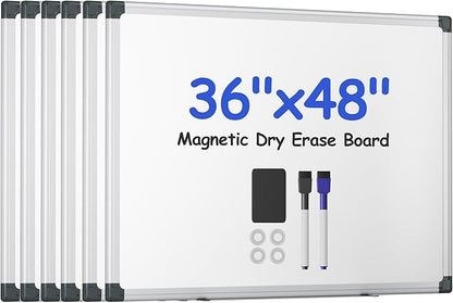 VUSIGN 6PCS Magnetic White Board Hanging 36" x 48" for Office, Class, Home, Sliver Aluminum Frame, 6 Dry-Erase Eraser, 12 Multicolor Marker, 24 Magnetic Pins