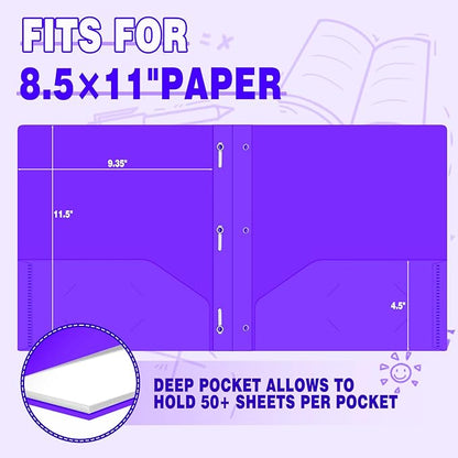 30 Pack Two Pocket Folders Business Card Holder Plastic Folders with Prongs for School Office Filing Cabinet Resume Portfolio (Purple)