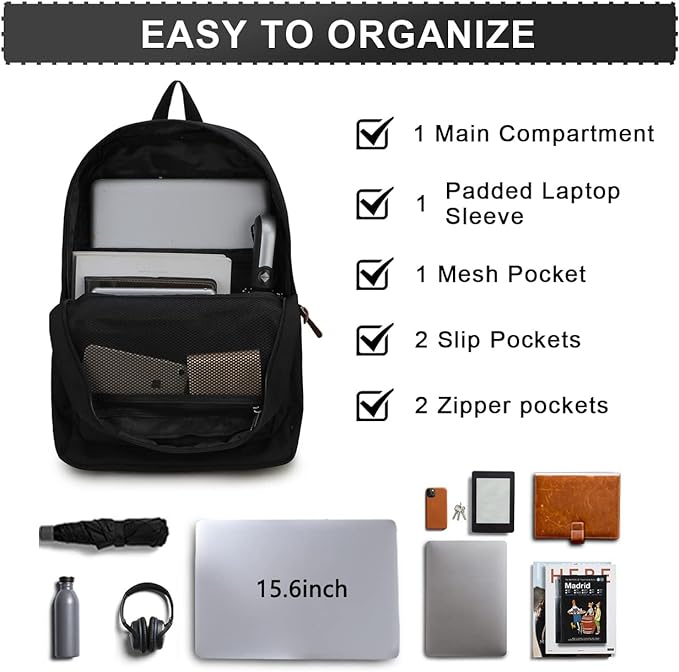 RAVUO School Backpack for Men Women, Water Resistant 15.6 inch Laptop Back Packs Bookbags College Daypack Black Bag with Side Pockets