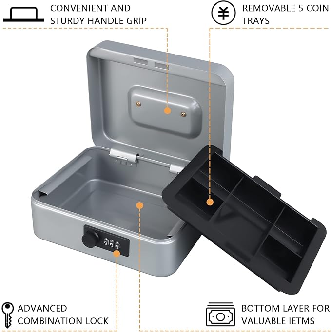 KYODOLED Cash Box with Combination Lock,Safe Metal Box for Money,Storage Lock Box with Money Tray,7.87"x 6.30"x 3.54" Lightgrey Medium
