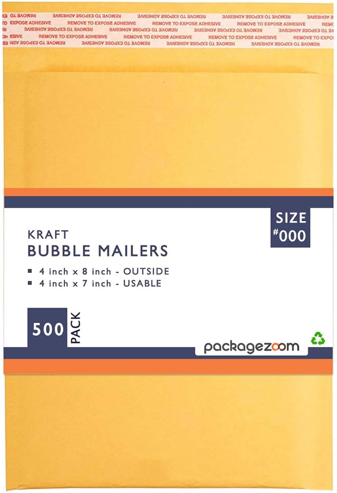 PackageZoom #000 4x8 Padded Envelopes Kraft Bubble Mailer Shipping Envelopes 500 Pack