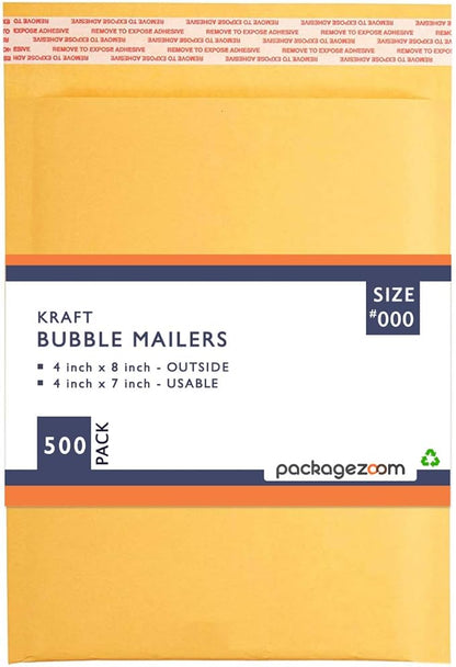 PackageZoom #000 4x8 Padded Envelopes Kraft Bubble Mailer Shipping Envelopes 500 Pack