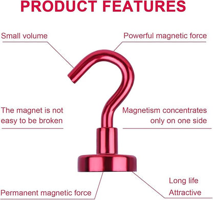 DIYMAG Magnetic Utility Hooks, 30Lbs Heavy Duty Rare Earth Neodymium Magnet Hooks with Nickel Coating for Kitchen, Garage, Cruise, Classroom, Workplace and Office etc, 3 Packs (Red)
