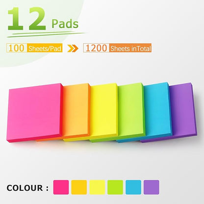 Pop Up Sticky Notes 3x3 inch Bright Colors Self-Stick Pads 12 Pads/Pack 100 Sheets/Pad Total 1200 Sheets