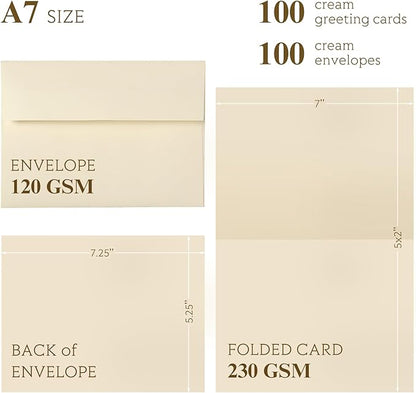 Cream Blank Cards and Envelopes, Goefun 5x7 Folded Ivory Cardstock and A7 Envelopes Self Seal 100 Pack for Wedding, Invitations, DIY Greeting Cardstock, Thank You Cards & All Occasion