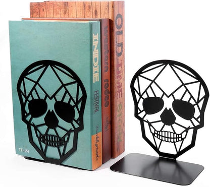 Metal Skull Design Black Bookend - Heavy-Duty Bookends for Shelves, Skull Book Ends for Heavy Books, Book Shelf Holder Home Office Decorative Desktop Organizer (1 Pair)