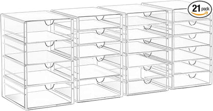 Acrylic Drawer Organizers - 21 Drawers 4 Set - Clear Storage Drawers for Office Supplies - Stackable Makeup Organizer - Dustproof Desk Organizers for Makeup, Jewelry, Pen, Stationary