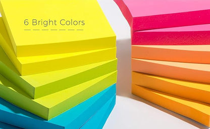 (6 Pack) Sticky Notes 3x3 in Bright Colored Super Self Sticky Pads - 100 Sheets/Pad - Easy to Post for School, Office Supplies, Desk Accessories
