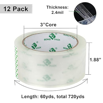 BOMEI PACK 12 Rolls Clear Packing Tape Rolls with Free Dispenser, Heavy Duty Refill Tape for Shipping Moving and Packaging, 2.4Mil 1.88 Inch x 60 Yard