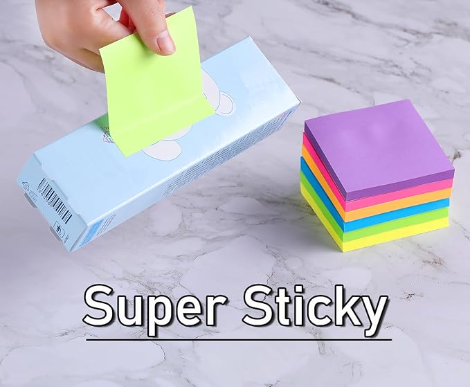 (24 Pack) Sticky Notes 3x3 in Post Bright Stickies Colorful Super Sticking Power Memo Pads, Strong Adhesive, 74 Sheets/pad