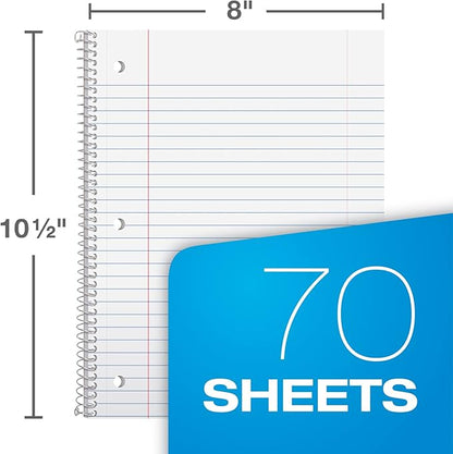 Oxford Spiral Notebook 6 Pack, Bulk Wide Ruled Spiral Notebooks for School, 1 Subject Journal, Wide Ruled Paper, 8 x 10-1/2 Inch, Blue, Yellow, Red, Light Blue, Green and Black, 70 Sheets (65010)